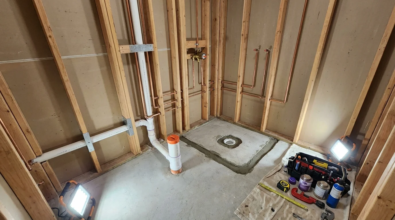 Bathroom rough-in plumbing during remodel by Johns Plumbing LLC in Bland