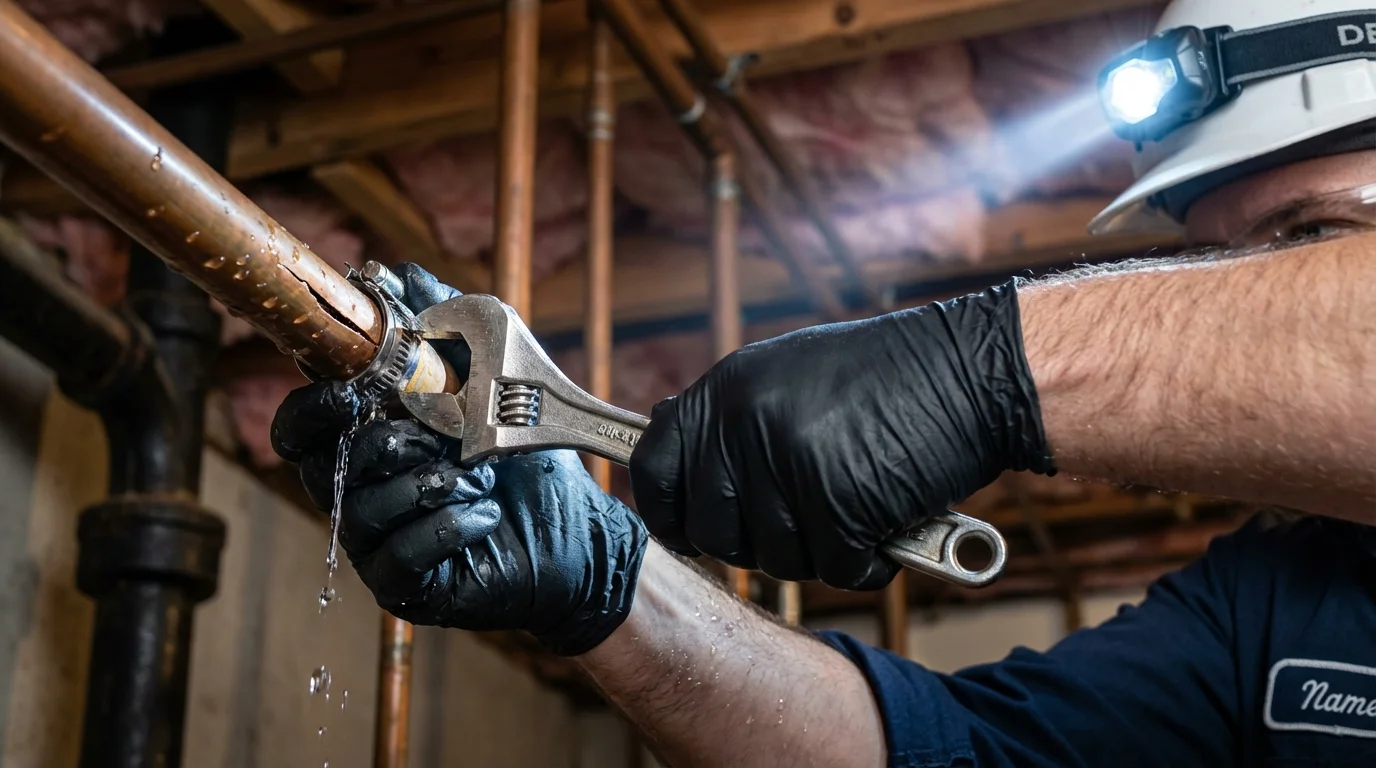 Emergency pipe clamp repair being performed by a Johns Plumbing LLC plumber in Bland