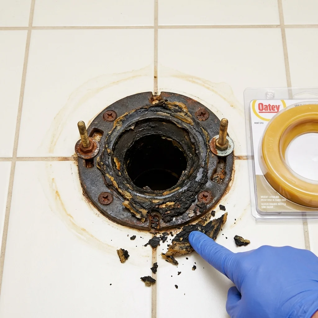 Failed wax ring showing water seepage at the base of a toilet in a Bland, VA home