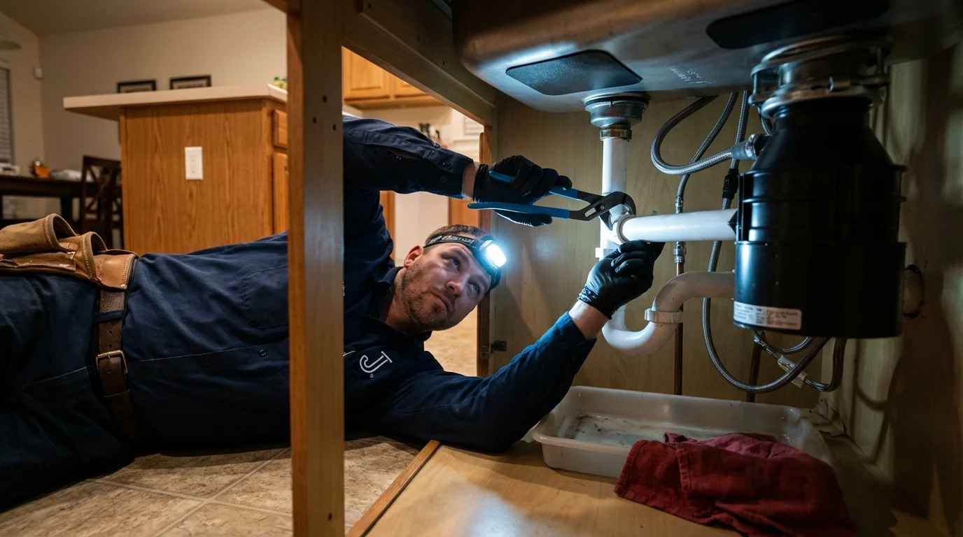 P-trap and supply line connections under a kitchen sink showing a common leak point in Bland, VA